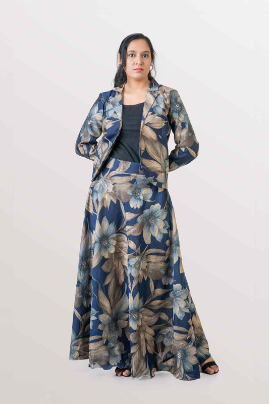 Navy Blue Floral Jacket-Skirt Co-ord Set