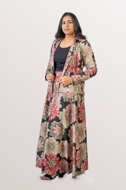 Gulabo Black & Pink Floral Jacket-Skirt Co-ord Set