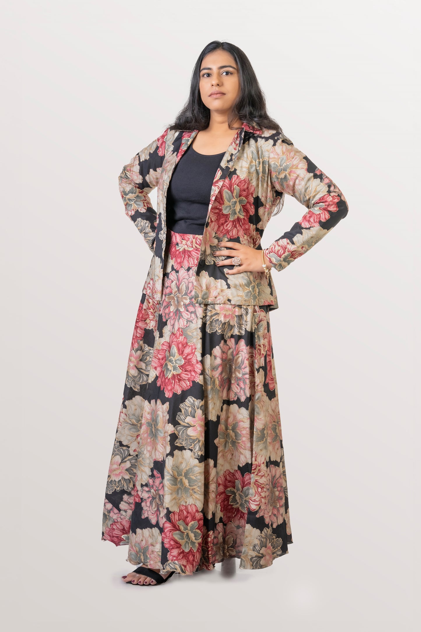 Gulabo Black & Pink Floral Jacket-Skirt Co-ord Set