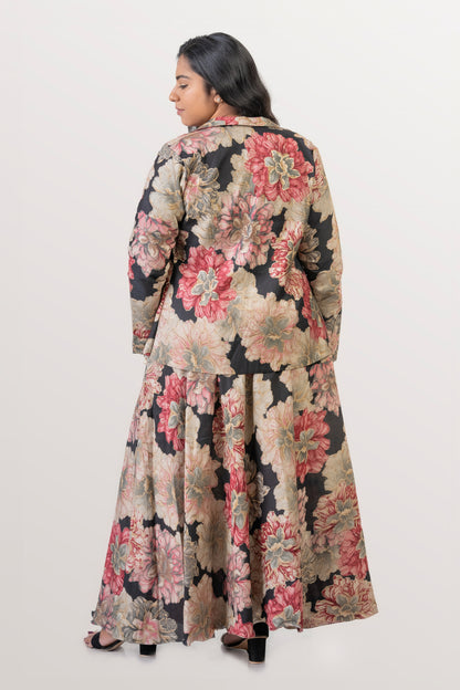 Gulabo Black & Pink Floral Jacket-Skirt Co-ord Set