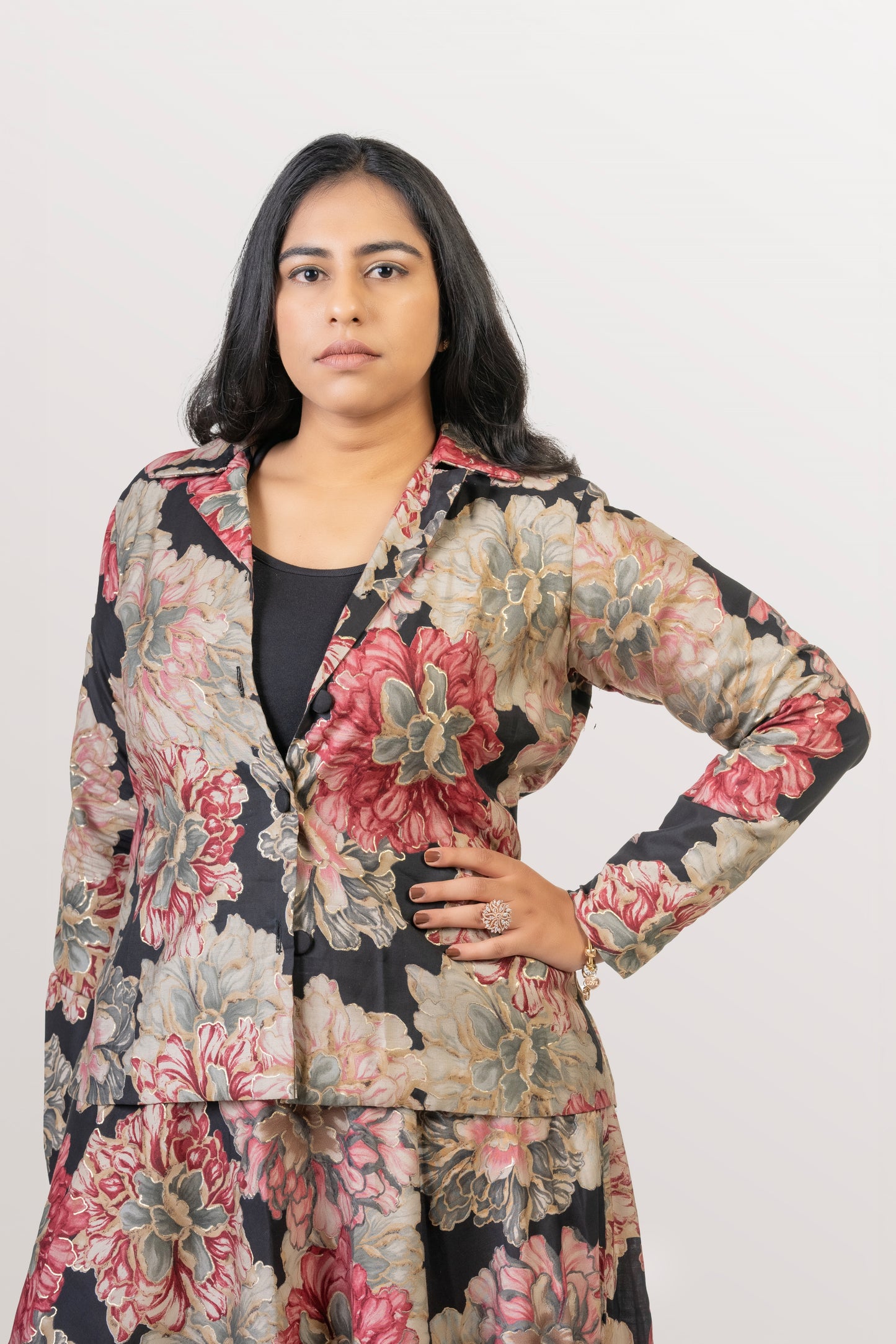 Gulabo Black & Pink Floral Jacket-Skirt Co-ord Set