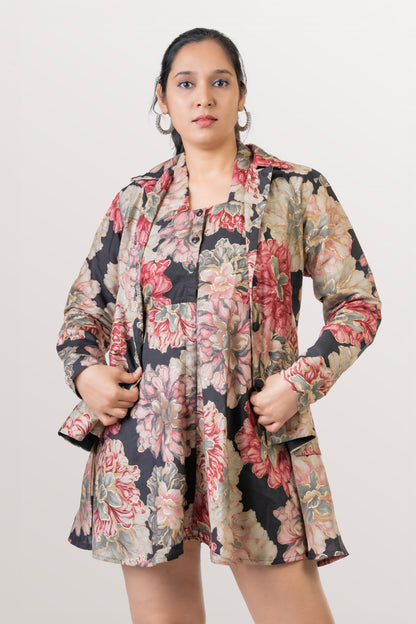 Gulabo Black & Pink Floral Jacket-Dress Co-ord Set