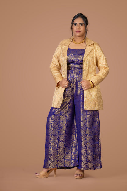 Purple Brocade Pant Suit Co-ord Set with Golden Brocade Jacket