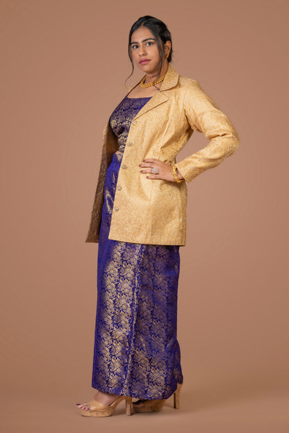 Purple Brocade Pant Suit Co-ord Set with Golden Brocade Jacket