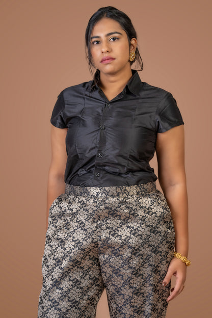 Black Silk Shirt and Black Brocade Pant Set